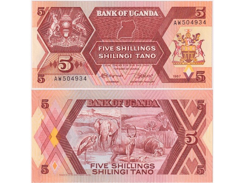 Уганда. Банкнота 5 шиллингов 1987г.