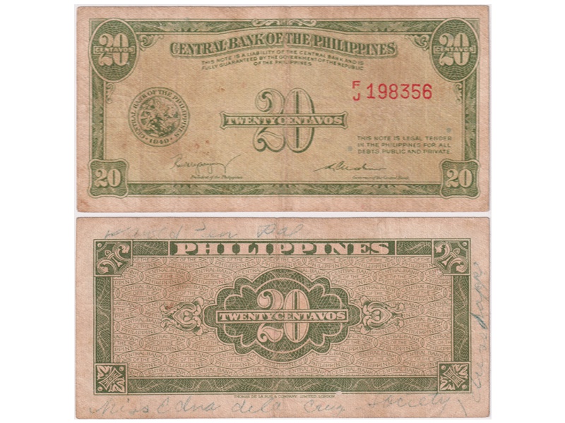 Филиппины. Банкнота 20 сентаво 1949г.