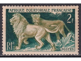 Французская Экваториальная Африка. Львы. Почтовая марка 1957г.