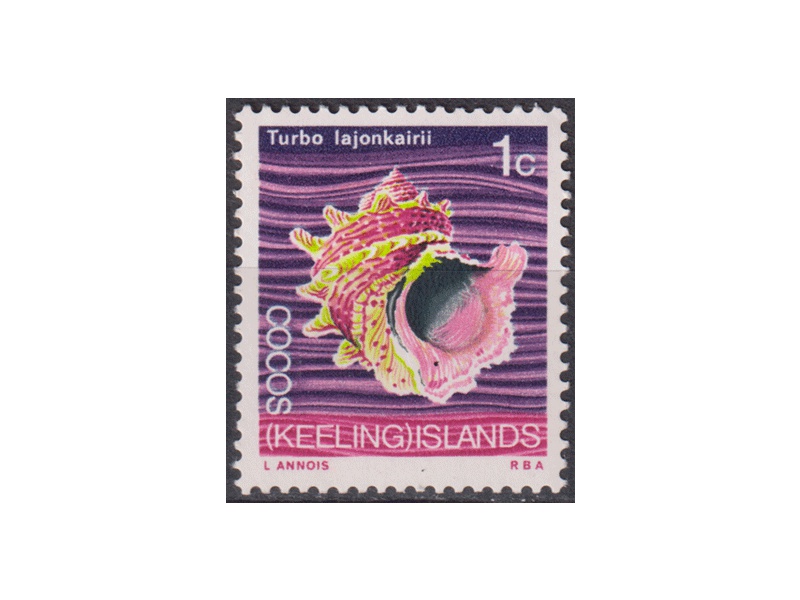 Кокосовые острова. Раковина. Почтовая марка 1969г.