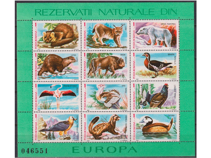 Румыния. Фауна. Малый лист 1987г.